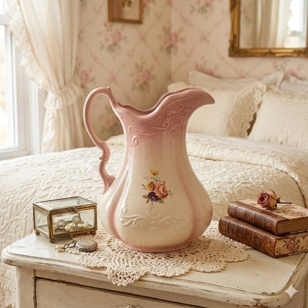 Vintage Pink Cream Floral Ceramic Pitcher Vase Ornate Scalloped Victorian Style